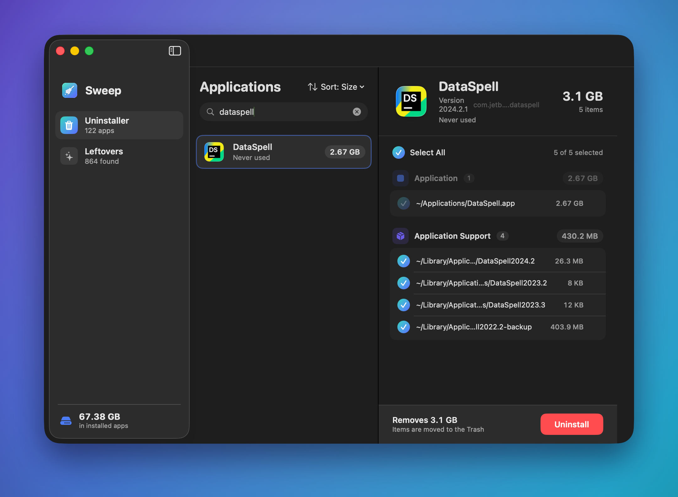 Sweep showing an app's associated files grouped by category, all pre-selected for removal
