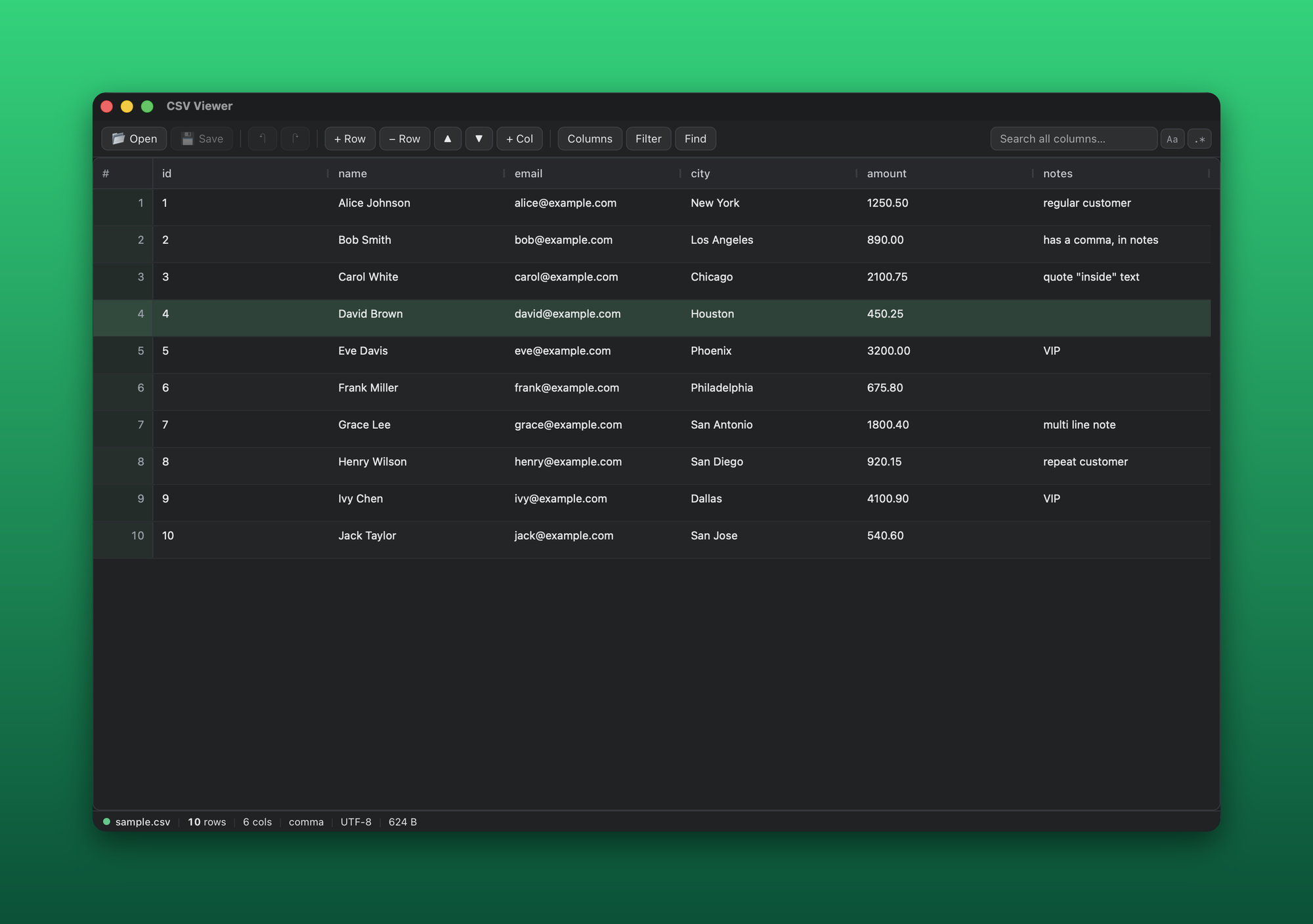 CSV Viewer showing a CSV file in a dark macOS window